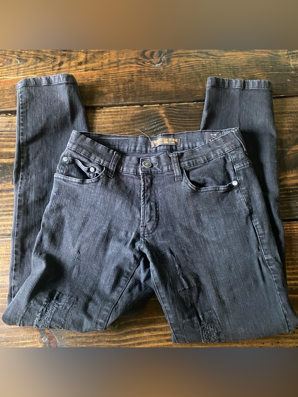 Mens Ring of Fire black denim distressed moto slim jeans 30x30 30”